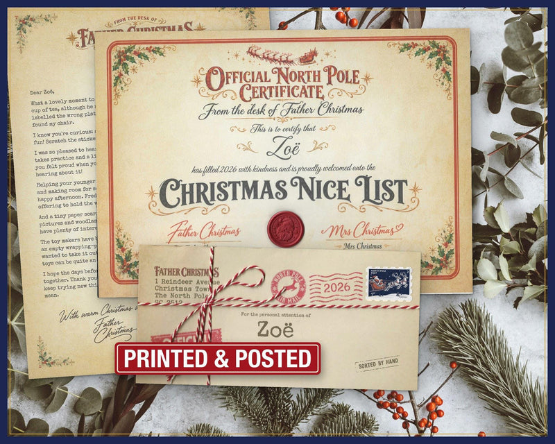 Father Christmas letter and Nice List certificate with red seal and scratch reveal, by Claus Post; example shown