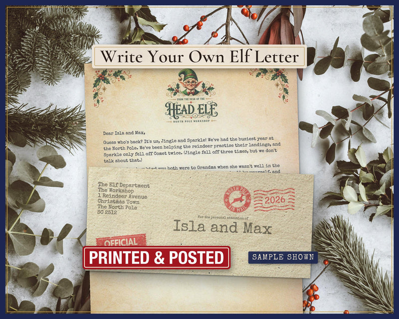 Elf arrival letter and Christmas Eve goodbye letter with North Pole envelope, by Claus Post; example