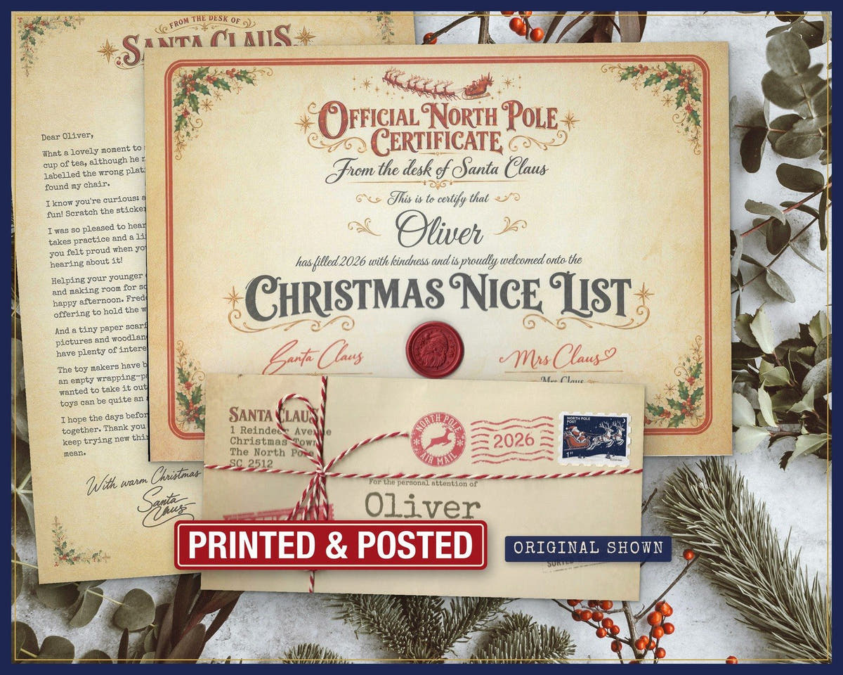 An Original Letter set: envelope with the name Oliver, letter and Nice List certificate with a red seal