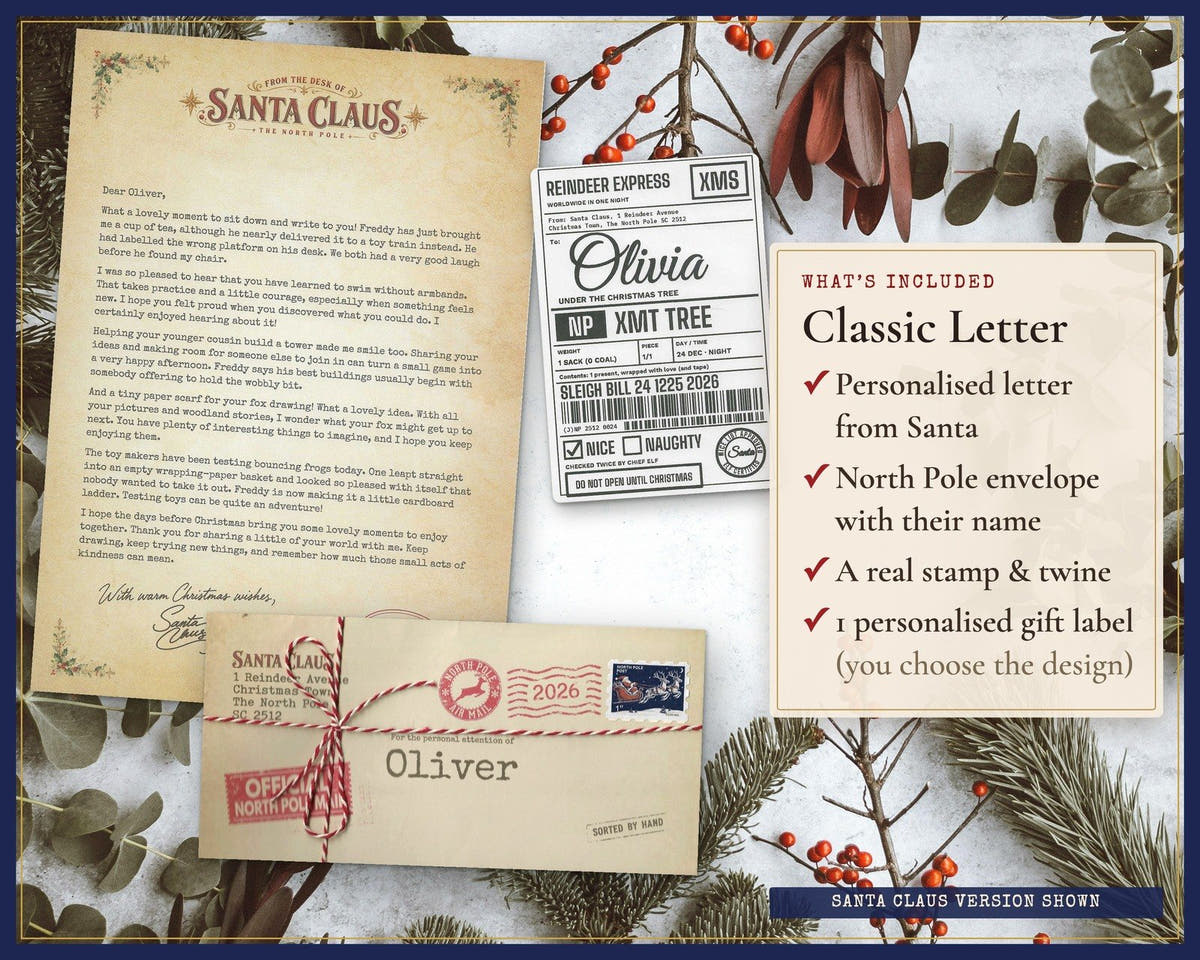 Personalised letter from Santa with named envelope, real stamp, twine and gift label by Claus Post; example shown