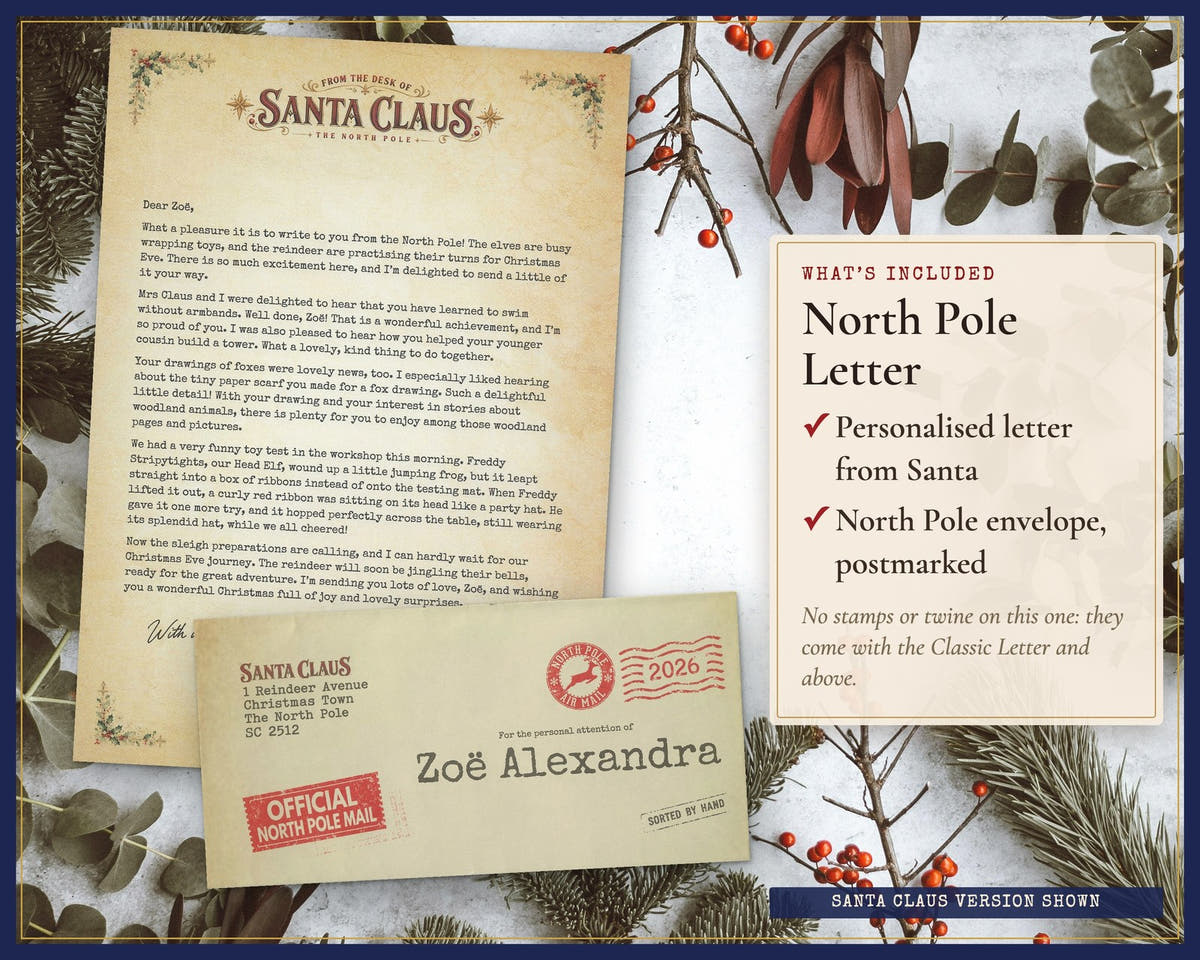 Personalised letter from Santa with postmarked envelope by Claus Post; example name shown
