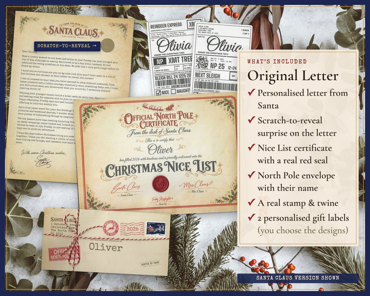 Santa letter and Nice List certificate with red seal and scratch reveal, by Claus Post; example shown