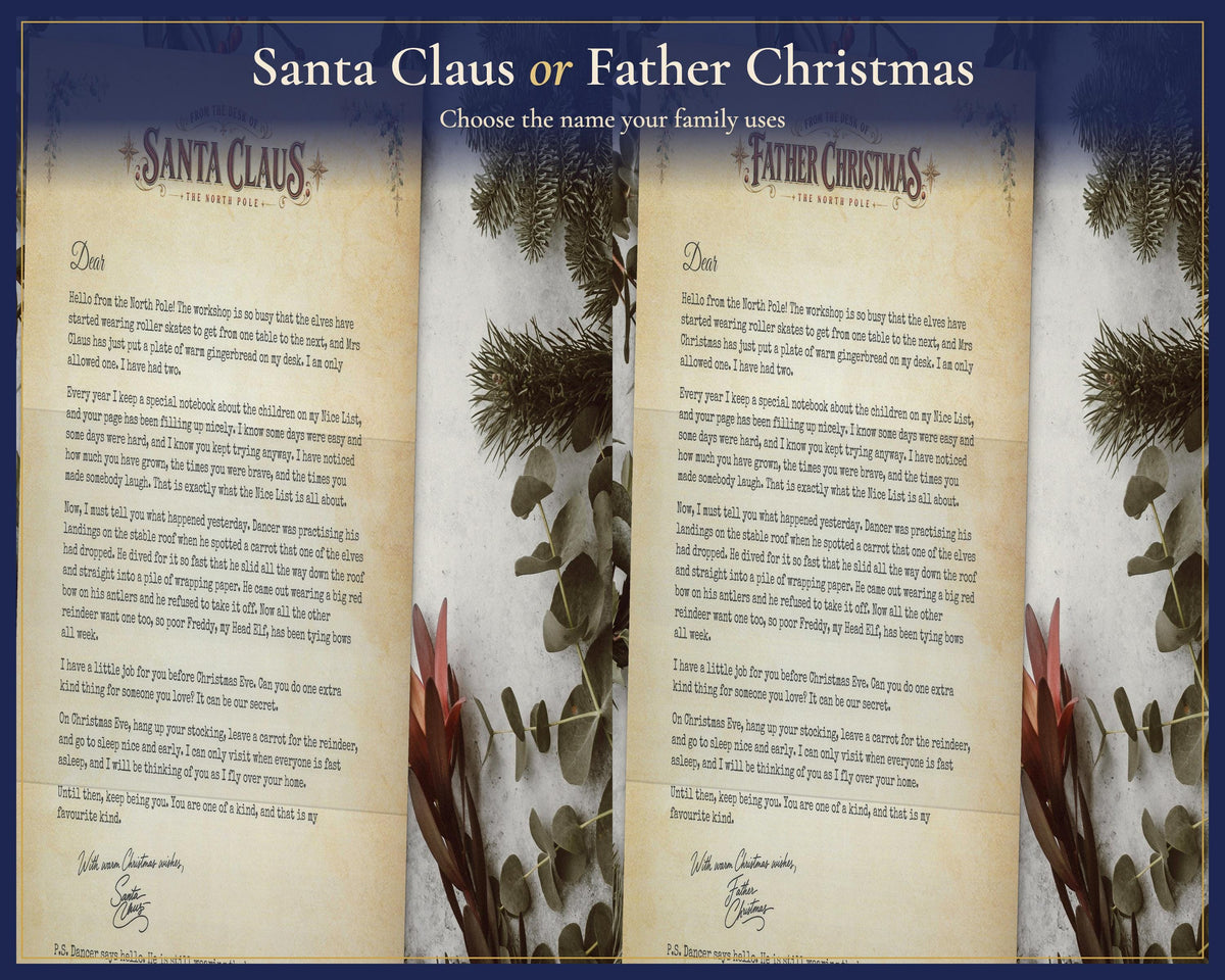 Santa Claus and Father Christmas ready-written letter choices side by side.