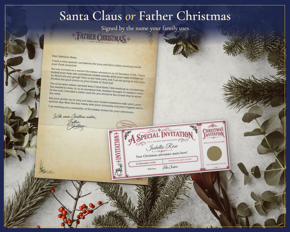 Father Christmas invitation letter and ticket showing the alternative sender.