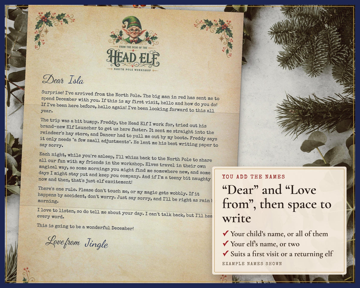 Elf letter with example child and elf names added after Dear and Love from.