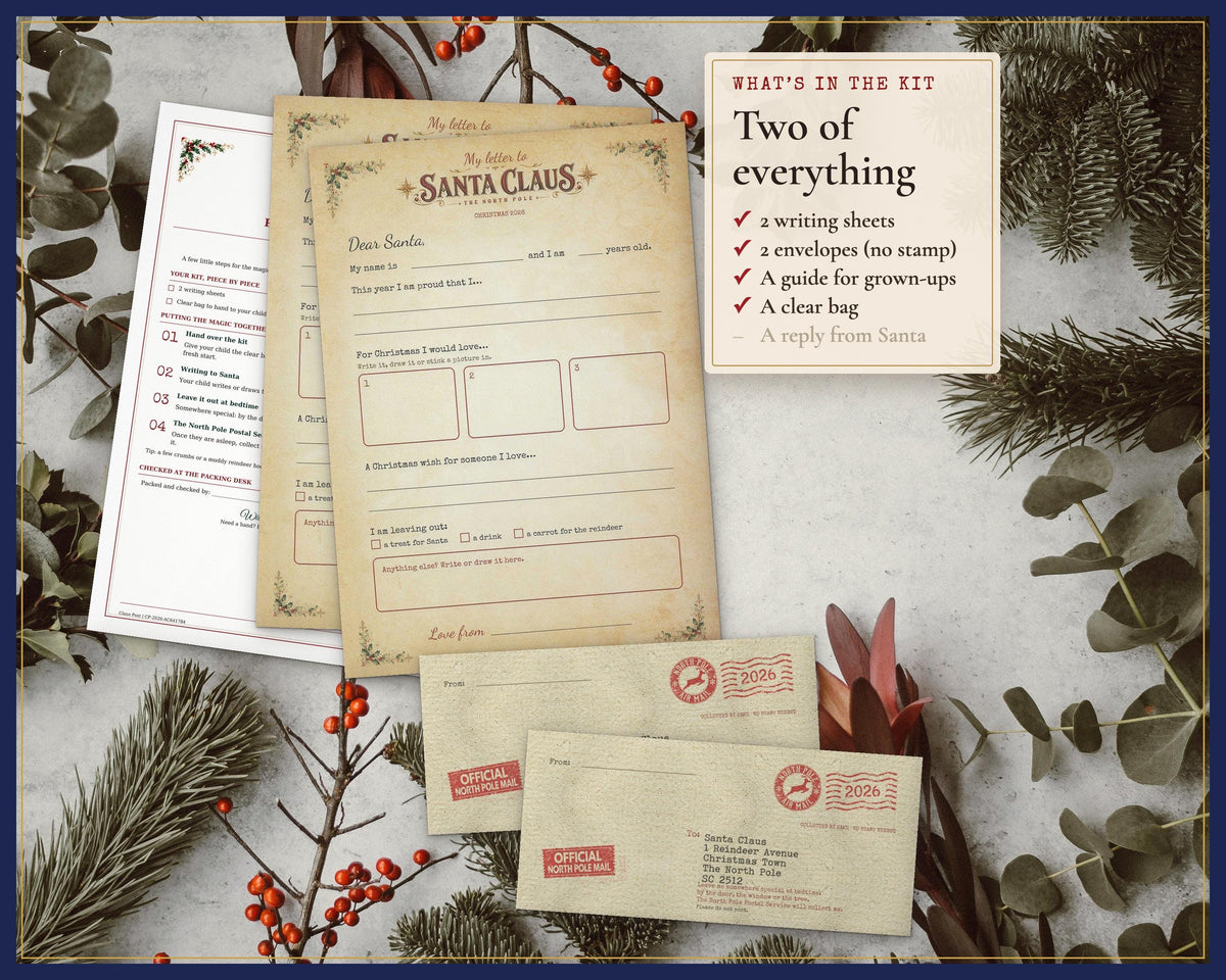 Kit contents: two writing sheets, two postmarked envelopes, grown-ups guide and clear bag.