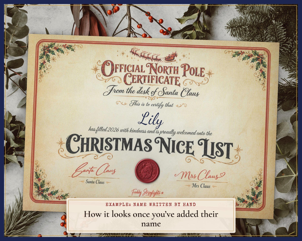 Example Santa certificate with a name added by hand.