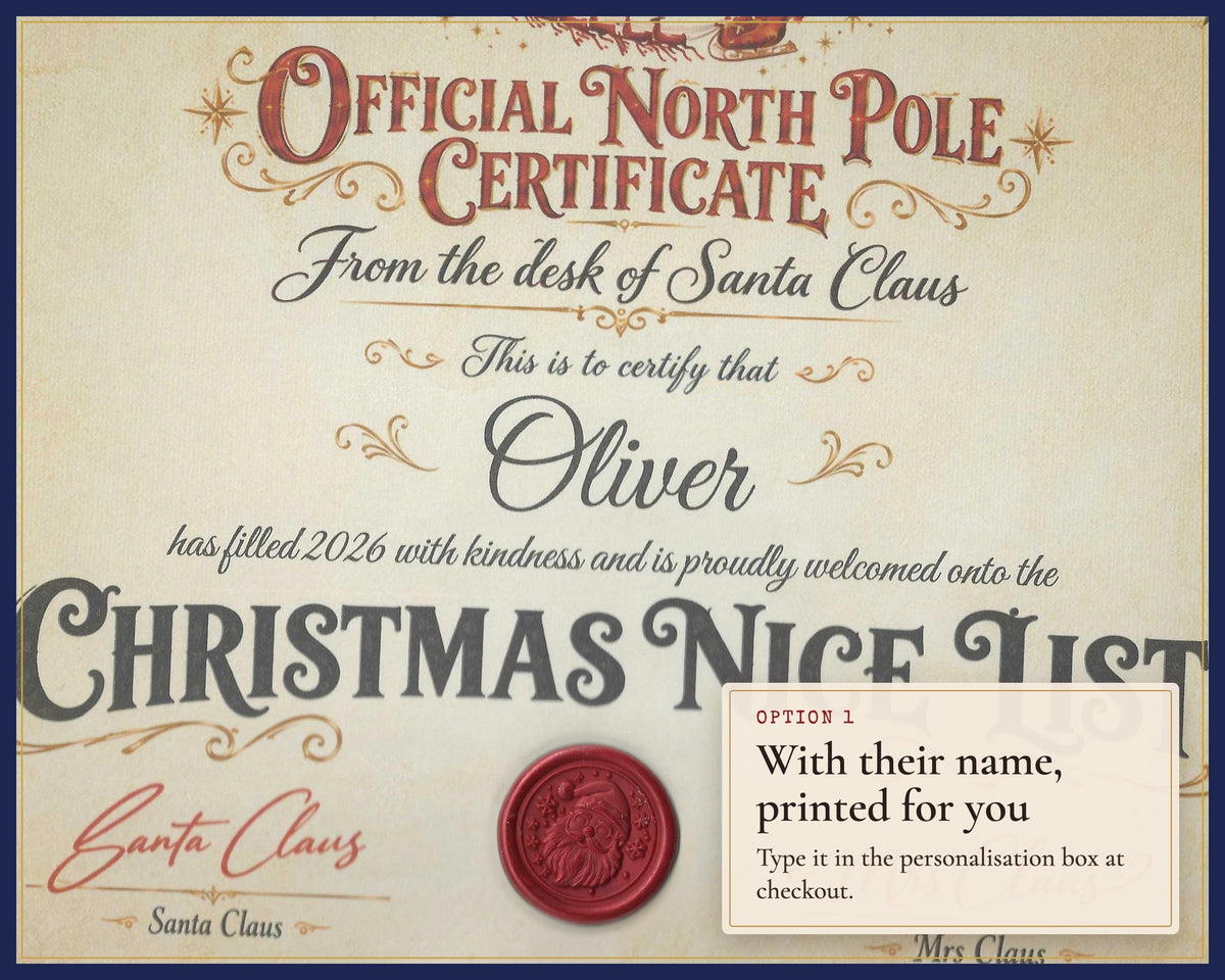 Close-up of a Santa Nice List certificate with a printed example name.