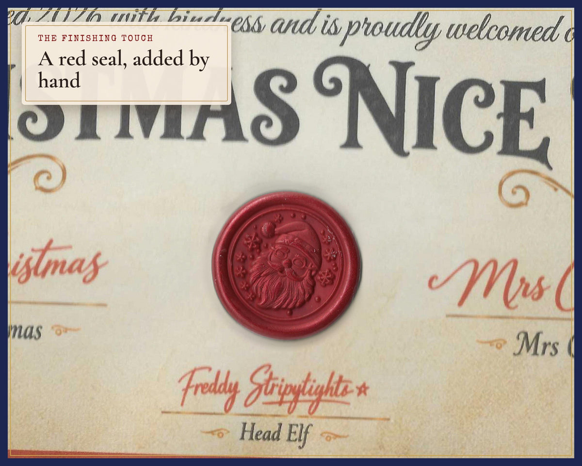 Close-up of the red seal on a Nice List certificate.