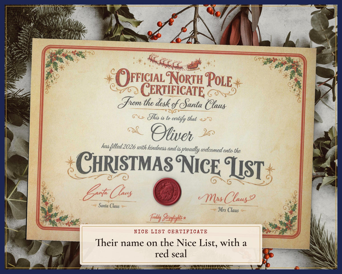 Personalised Santa Nice List certificate with a red seal.
