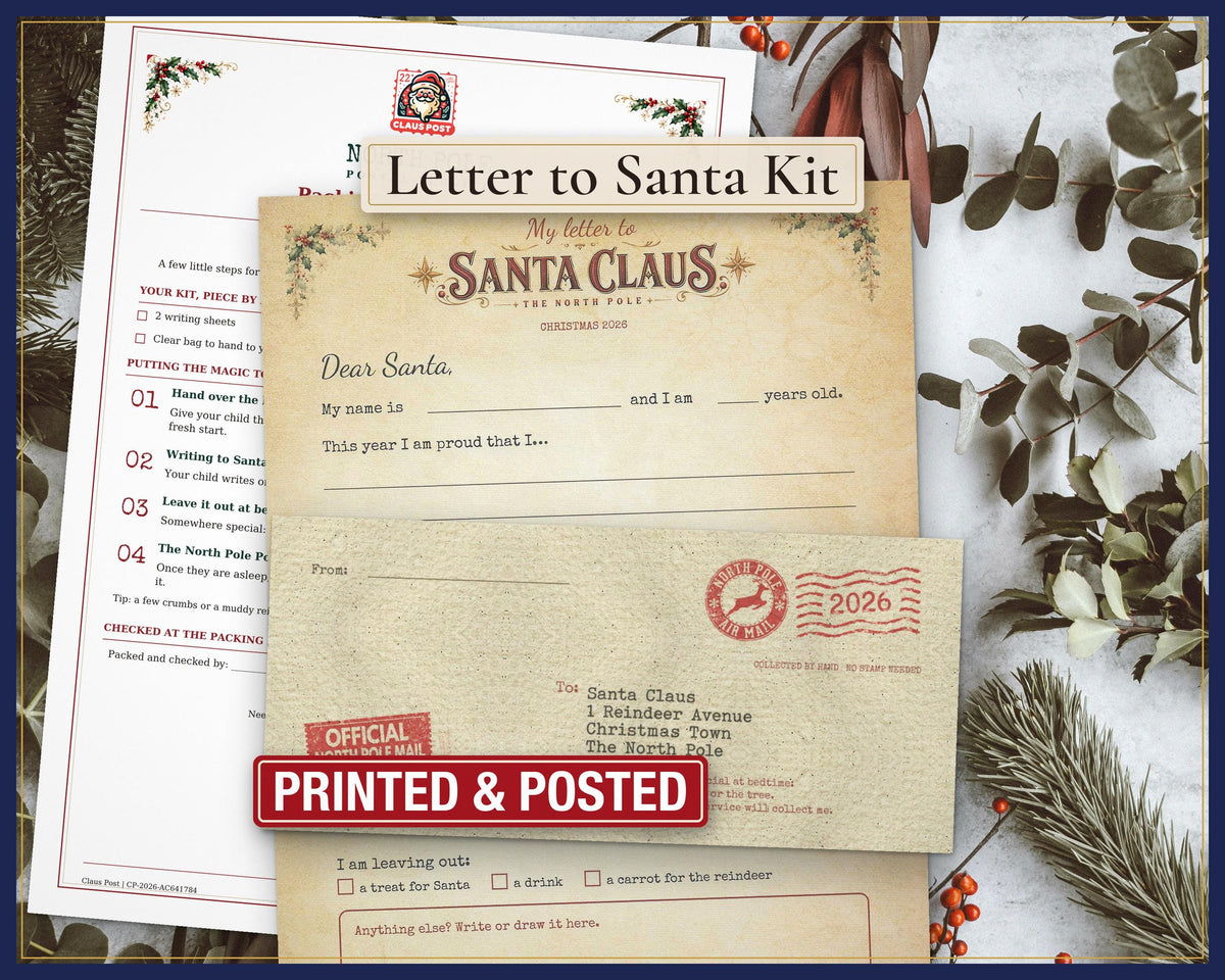 Letter to Santa writing kit with writing sheet, North Pole envelope and guide for grown-ups.