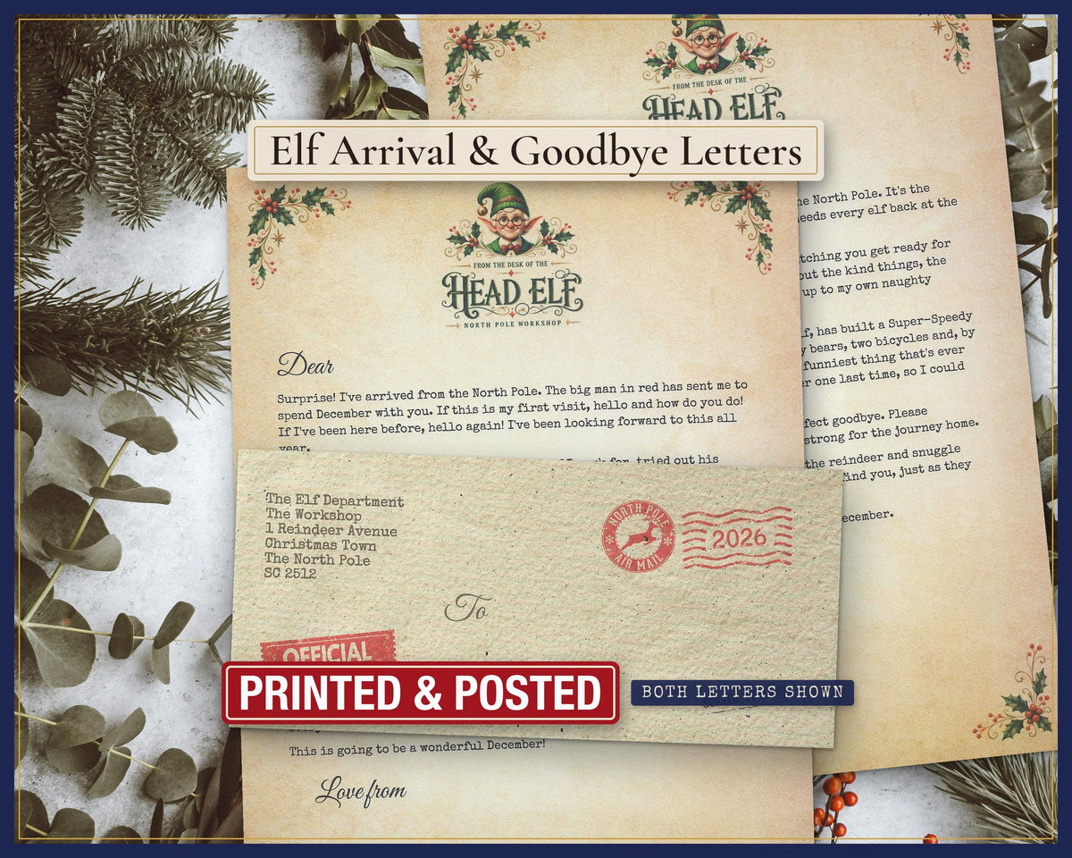 Elf arrival and Christmas Eve goodbye letters with matching postmarked envelope.