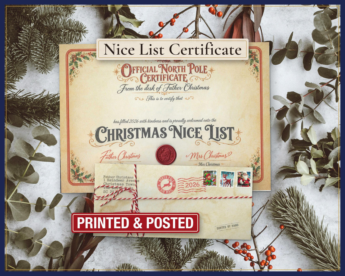 Blank Father Christmas Nice List certificate with red seal and North Pole envelope; example shown.