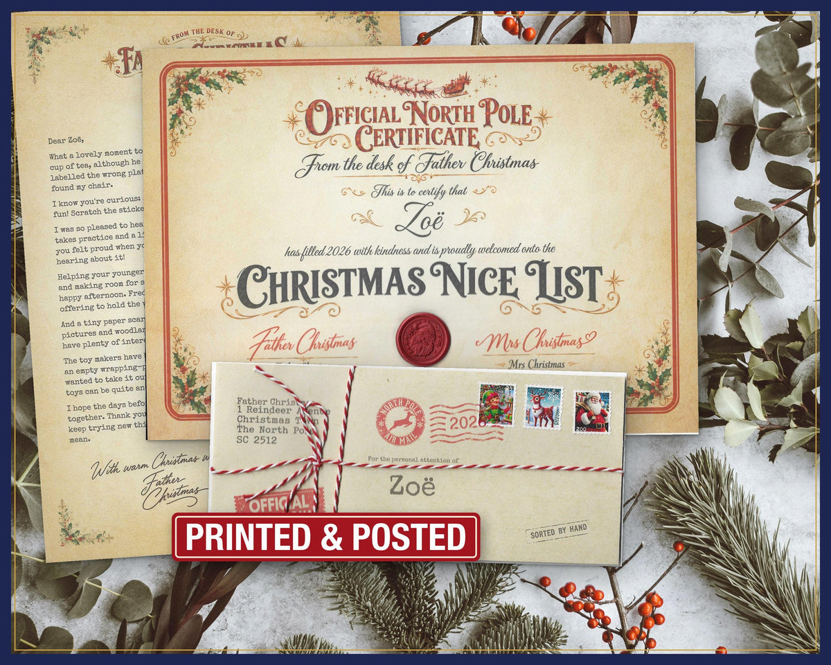 Original Father Christmas letter set with Nice List certificate and named envelope.