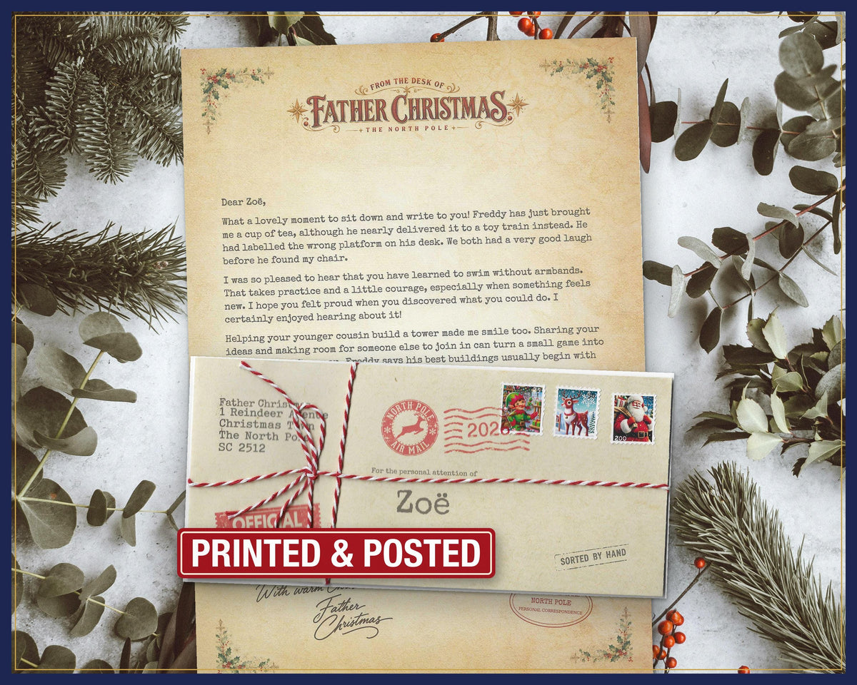 Personalised Father Christmas letter and named North Pole envelope; example shown.