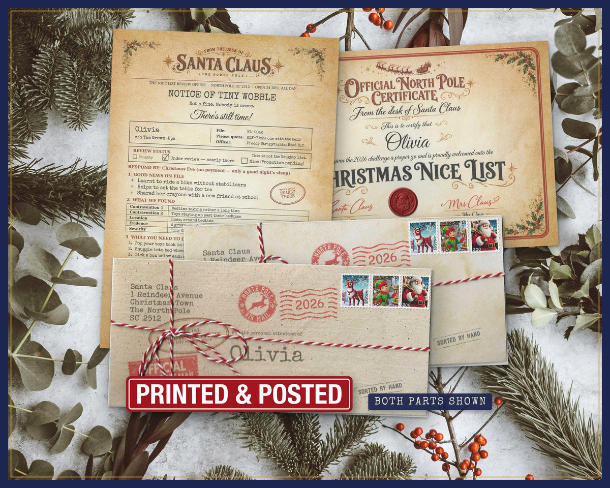 Naughty List novelty letter set with Notice of Tiny Wobble, Nice List certificate and two named envelopes; both parts shown.