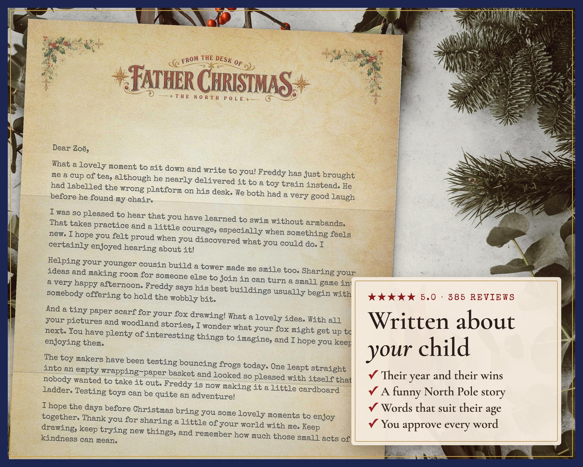 Example Father Christmas letter with child-specific story and proof-approval information.