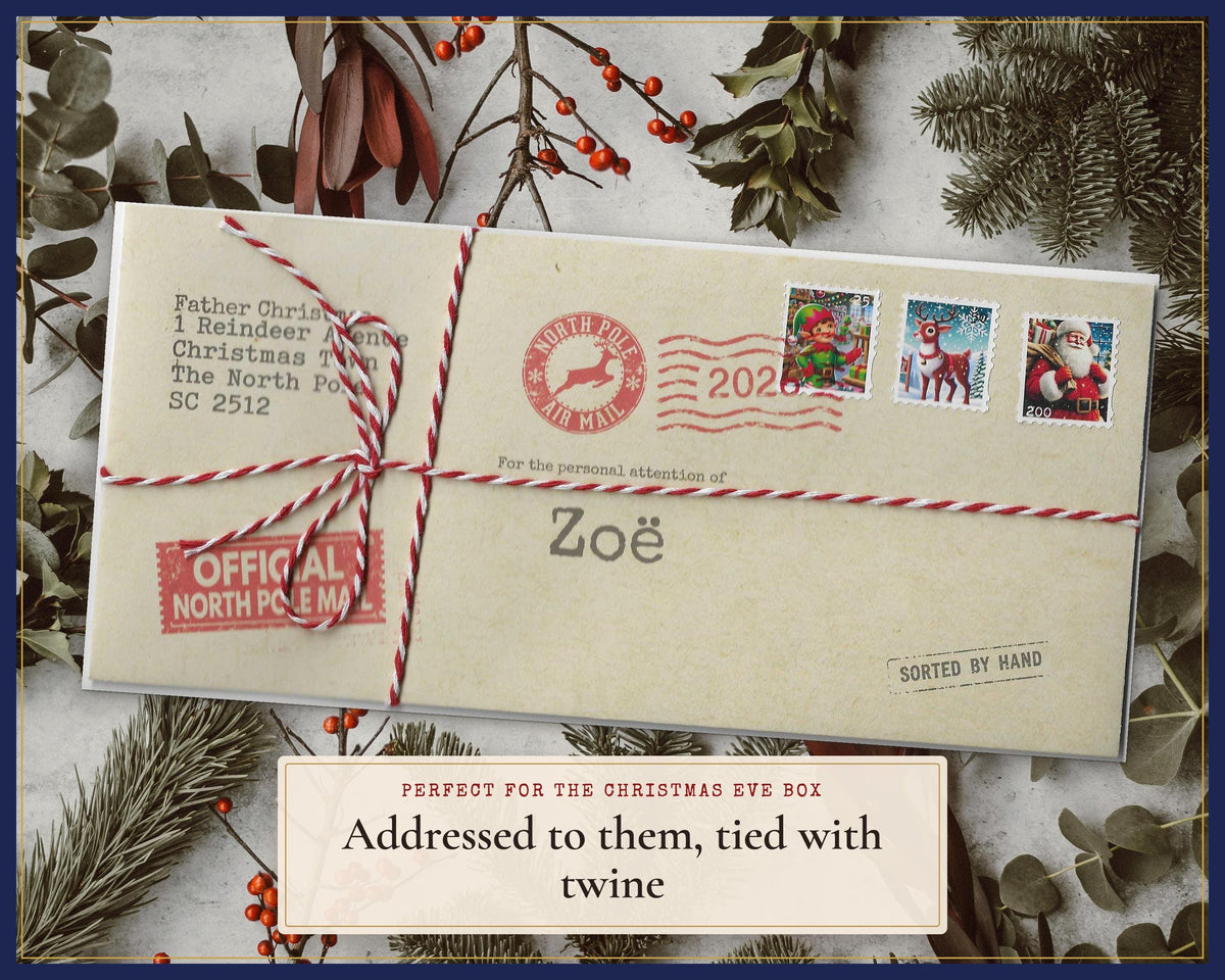 Example named Father Christmas envelope tied with red-and-white twine.