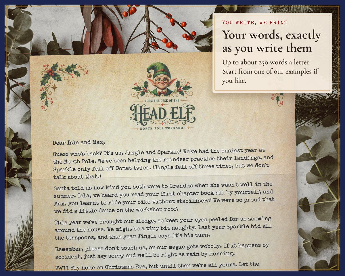 Close-up of the custom elf letter showing the buyer’s own words.