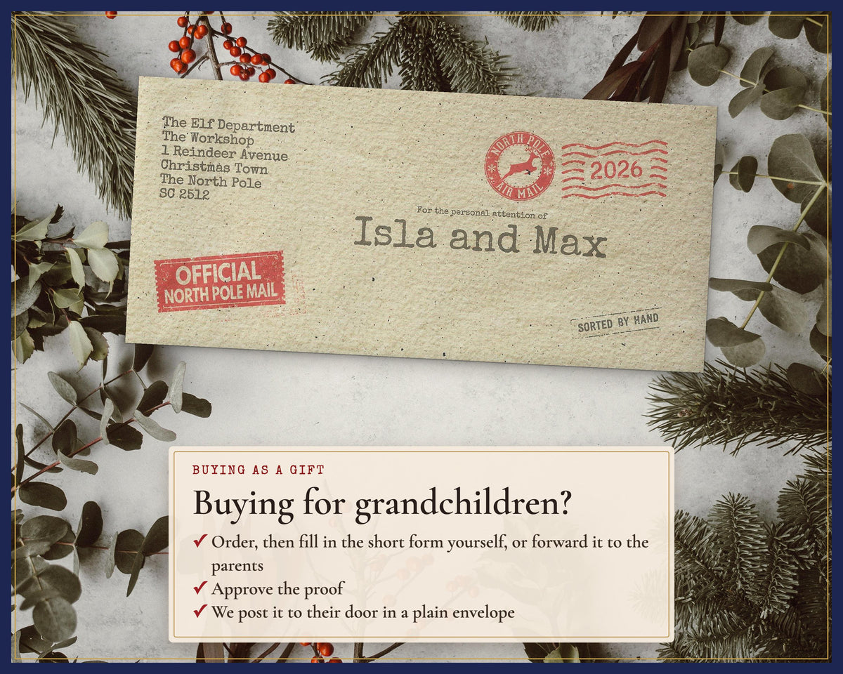 Named elf envelope with information for grandparents buying a letter as a gift.
