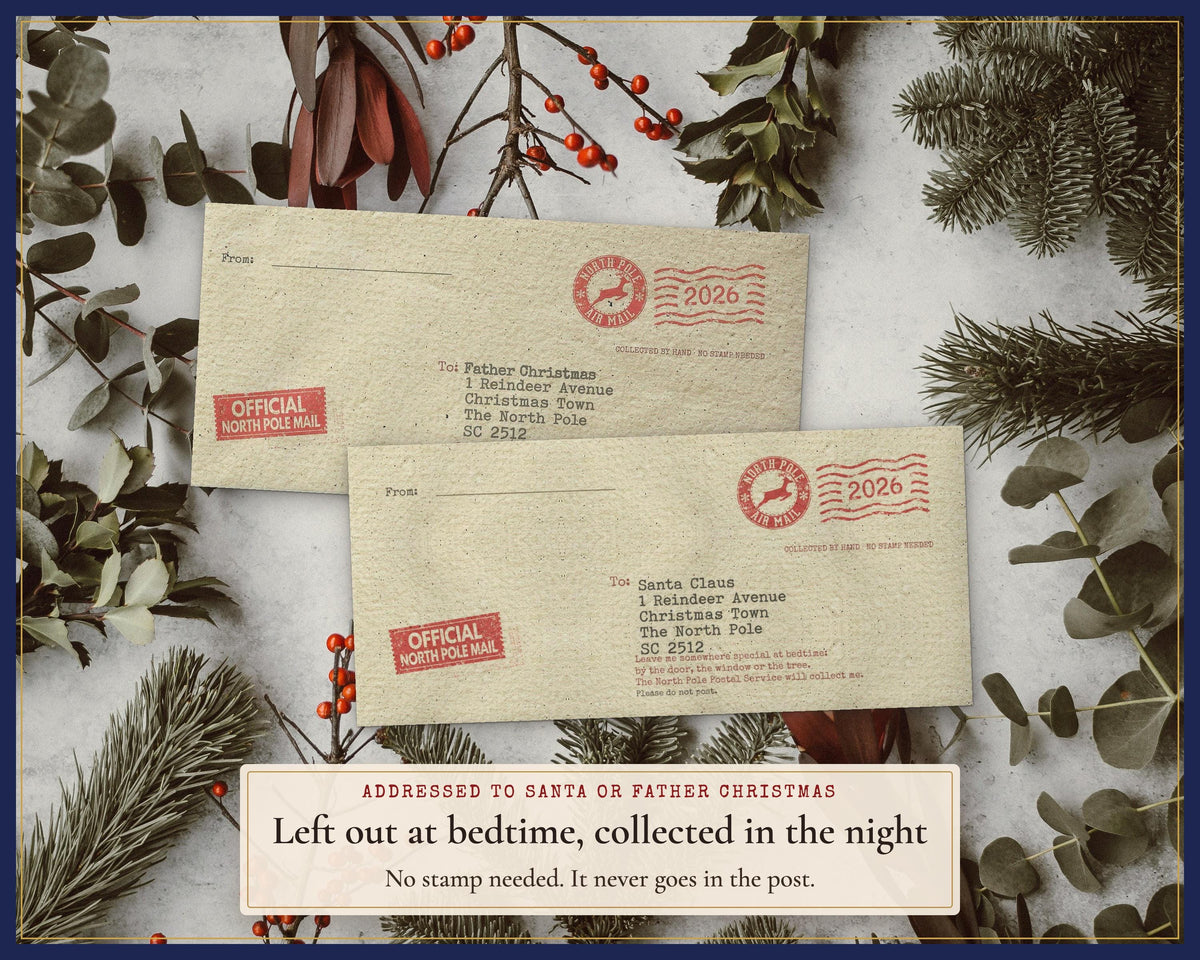 Postmarked envelopes addressed to Santa or Father Christmas for the family bedtime activity.