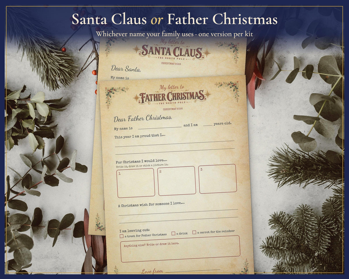 Santa Claus and Father Christmas writing-sheet choices side by side.
