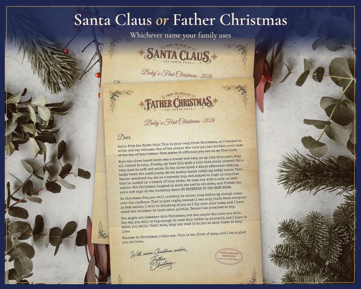 Santa Claus and Father Christmas versions of the baby keepsake letter.