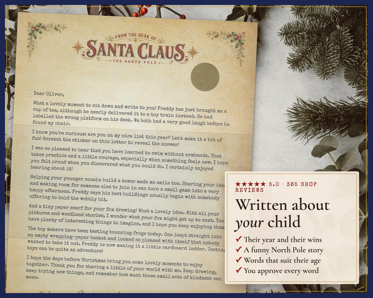 Example personalised Santa letter with information about the child’s year and proof approval.