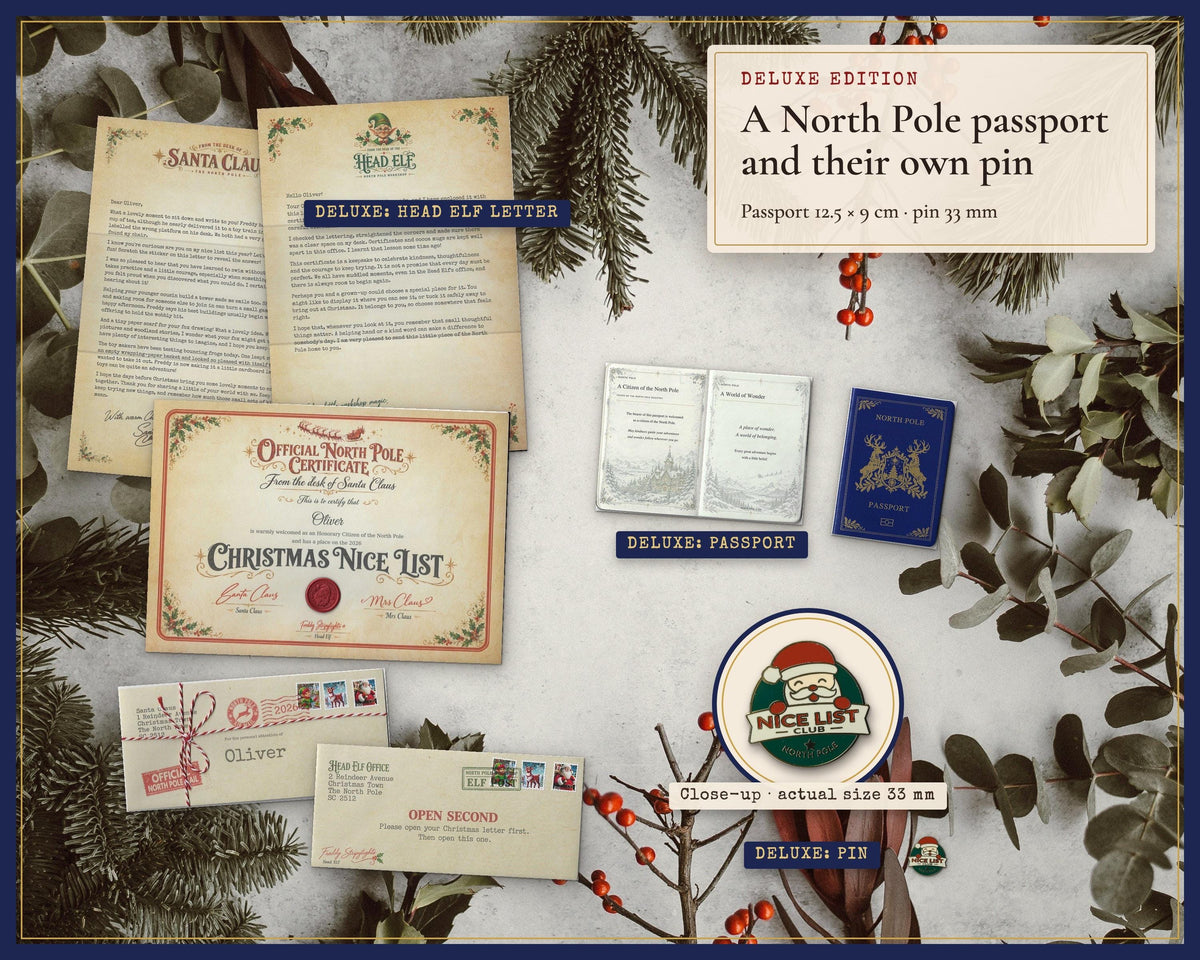 Deluxe letter set with Head Elf letter, North Pole passport, Nice List pin and certificate.