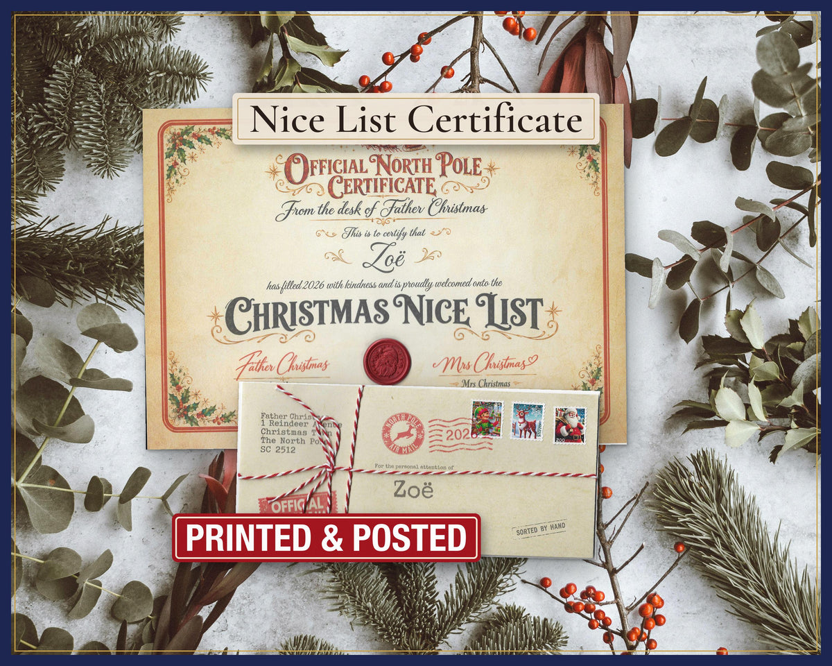 Personalised Father Christmas Nice List certificate and named North Pole envelope.