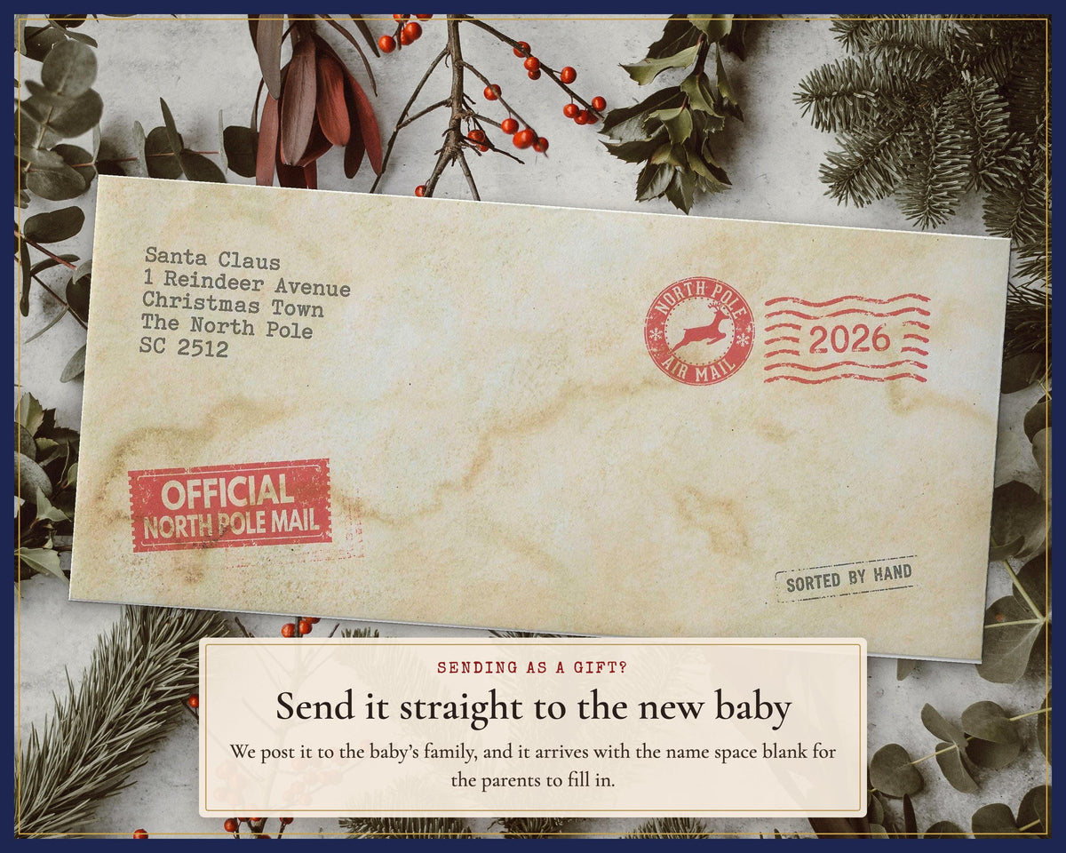 Postmarked North Pole envelope for the baby letter set, without stamp or twine.
