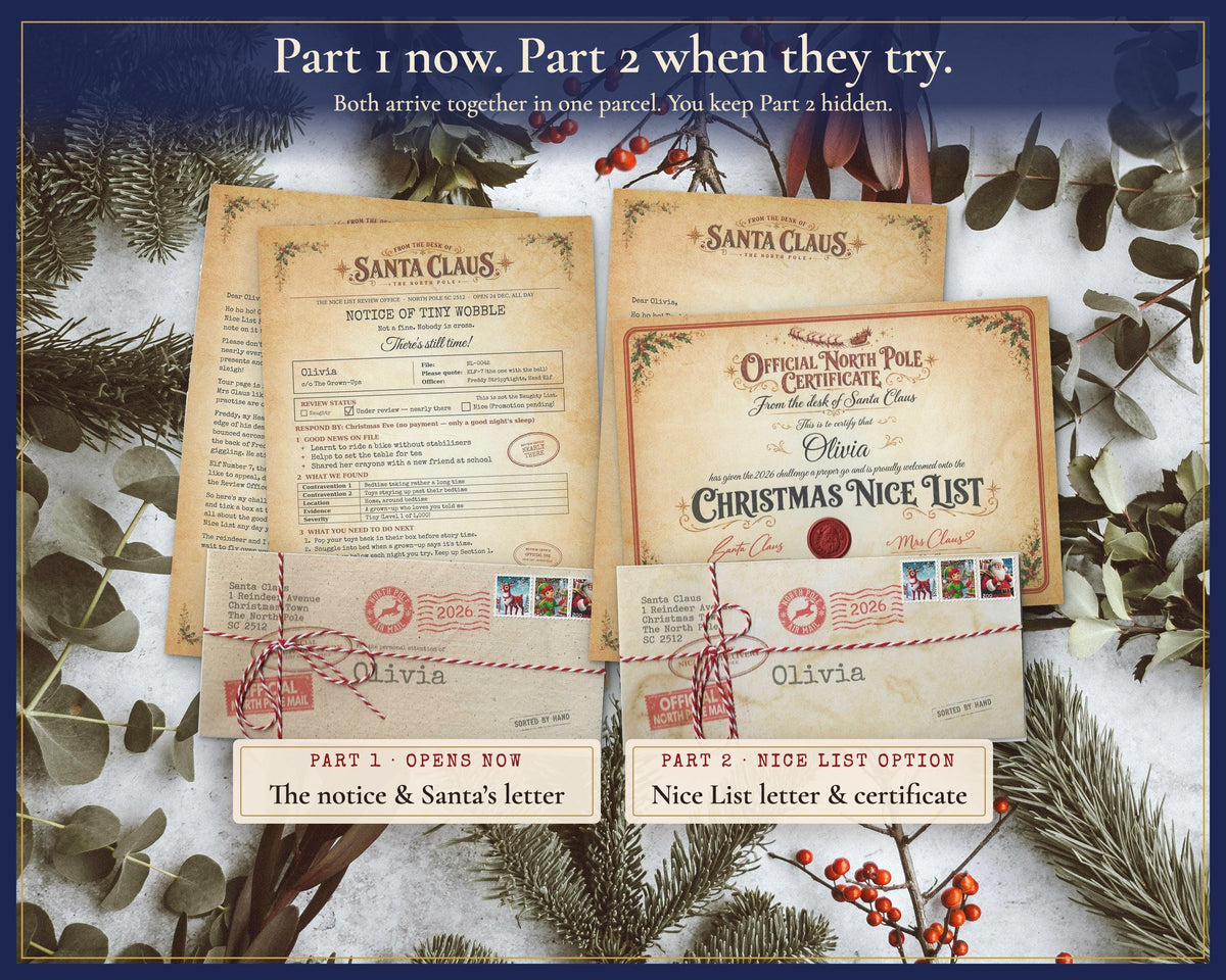 Two-part Naughty List letter set: first notice and letter, followed by the optional Nice List letter and certificate.