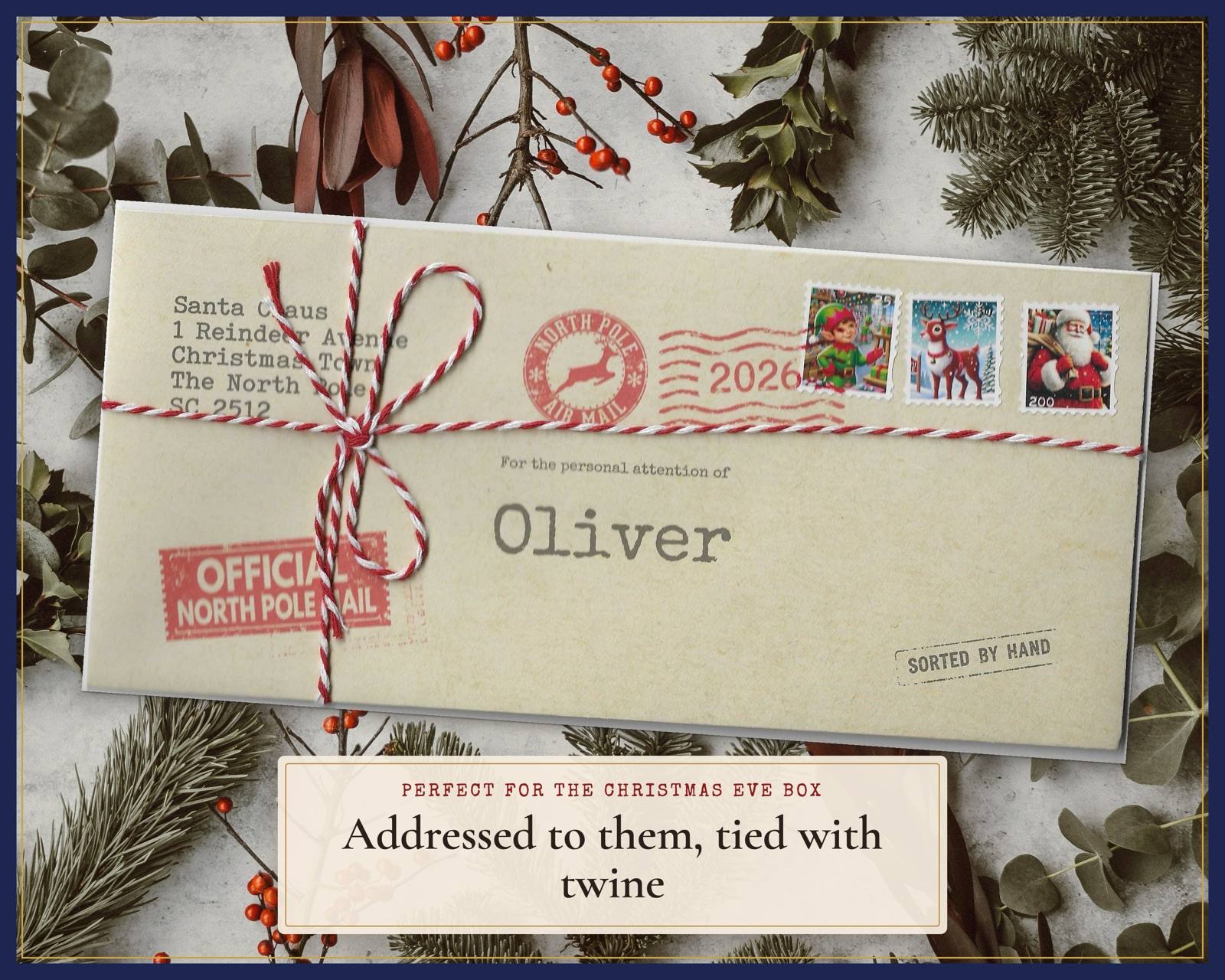 North Pole envelope addressed to Oliver, with a real stamp and twine