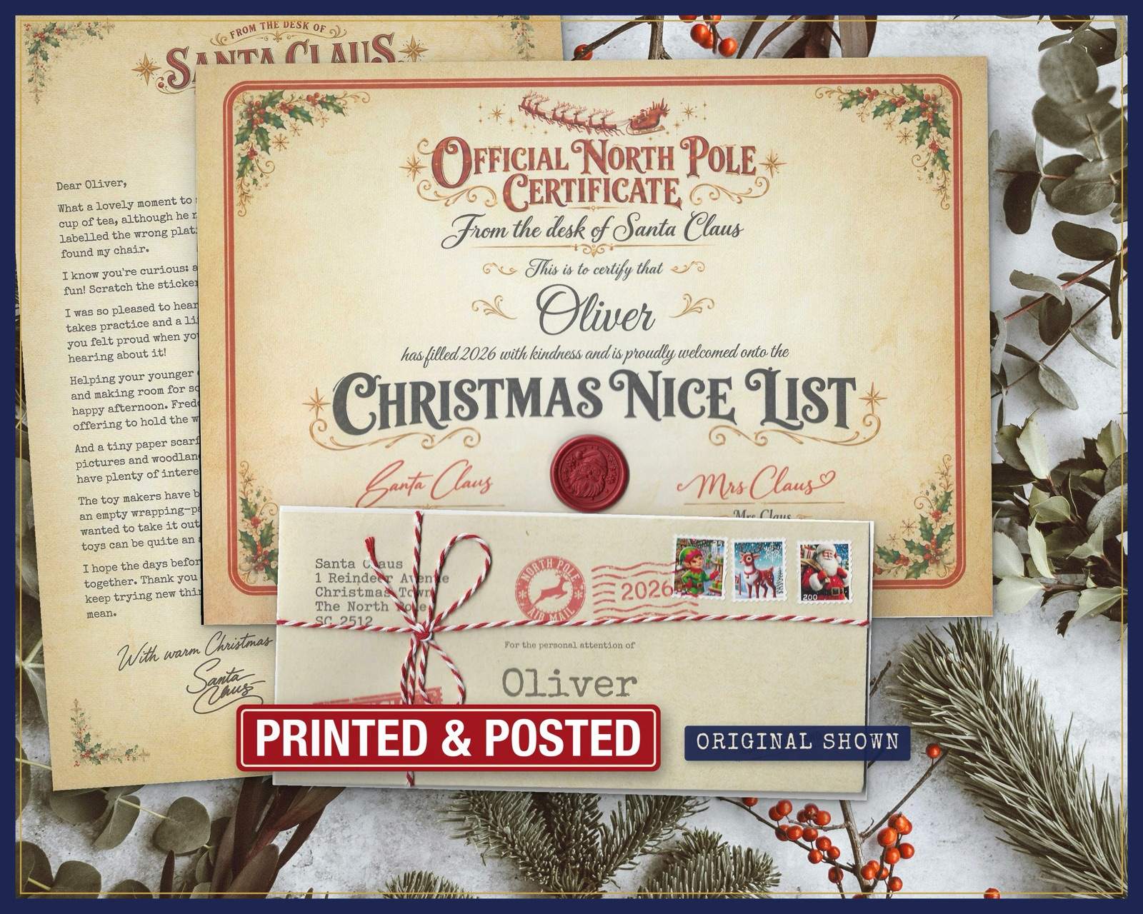 An Original Letter set: envelope with the name Oliver, letter and Nice List certificate with a red seal