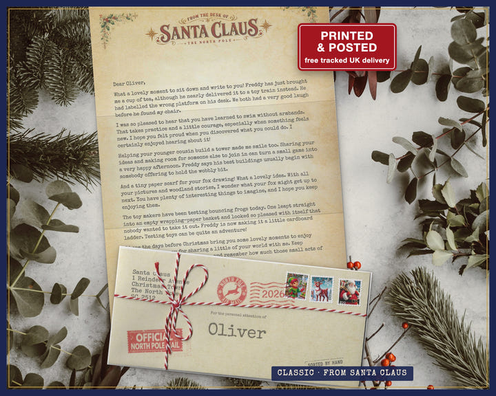 Santa Claus Classic letter and named North Pole envelope with red-and-white twine, shown using a fictional sample name.