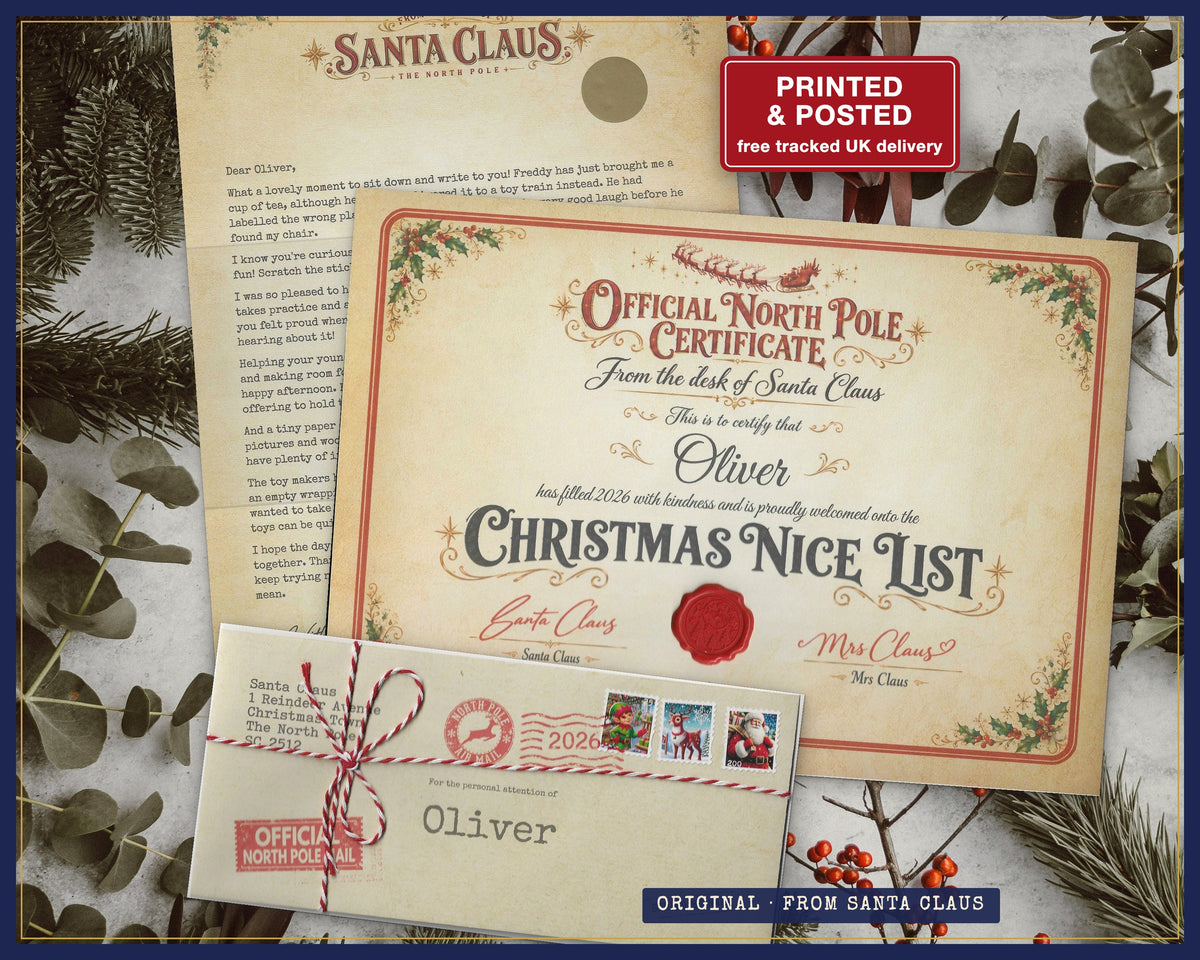 Santa Claus Original letter with gold scratch reveal, Nice List certificate with red seal, and named North Pole envelope with twine.