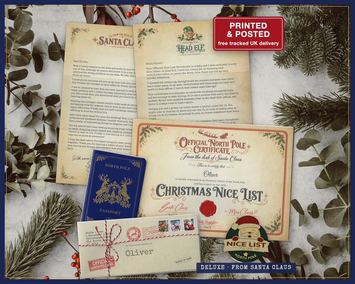 Santa Claus Deluxe set: Santa and Freddy letters, North Pole passport, Nice List certificate, envelopes and an enlarged Nice List Club pin.