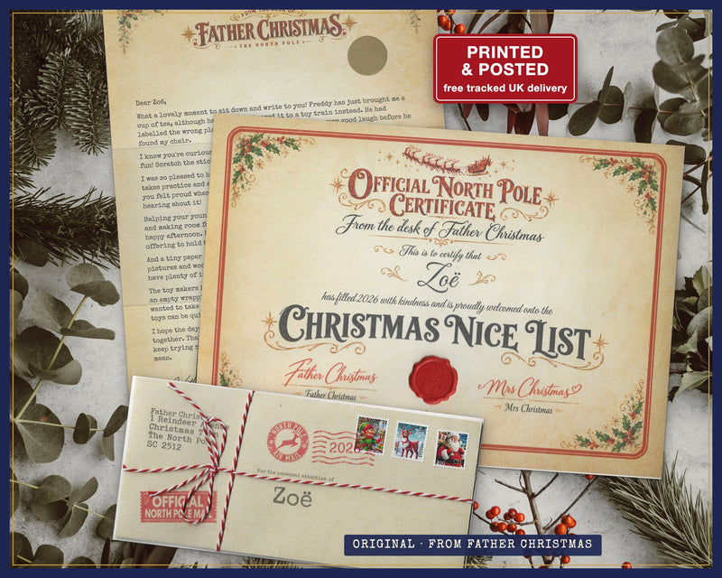Father Christmas Original letter with gold scratch reveal, Nice List certificate with red seal, and named North Pole envelope with twine.