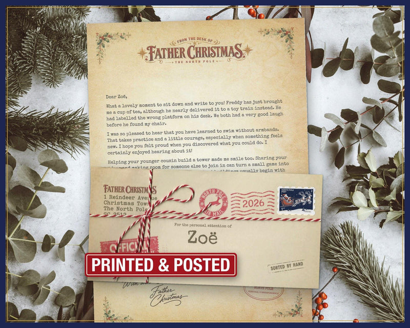 Personalised letter from Father Christmas with envelope, real stamp and twine, printed and posted by Claus Post