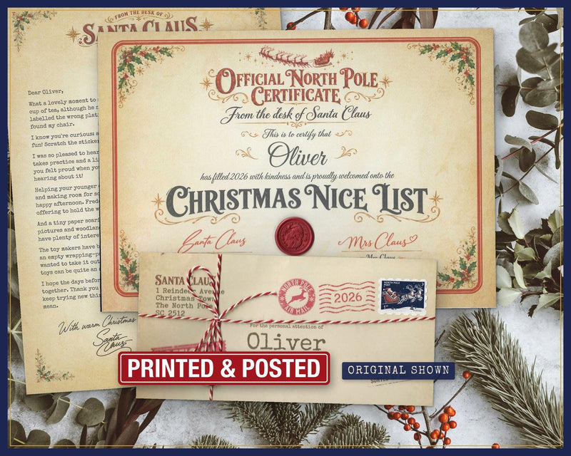 Letter from Santa or Father Christmas with Nice List certificate and red seal, posted by Claus Post; example name shown
