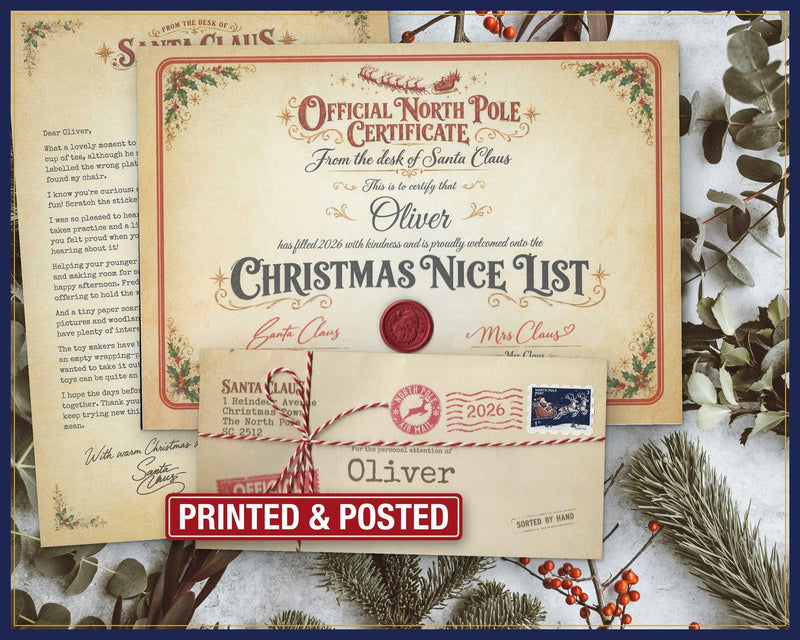 Santa letter and Nice List certificate with red seal and scratch reveal, by Claus Post; example shown