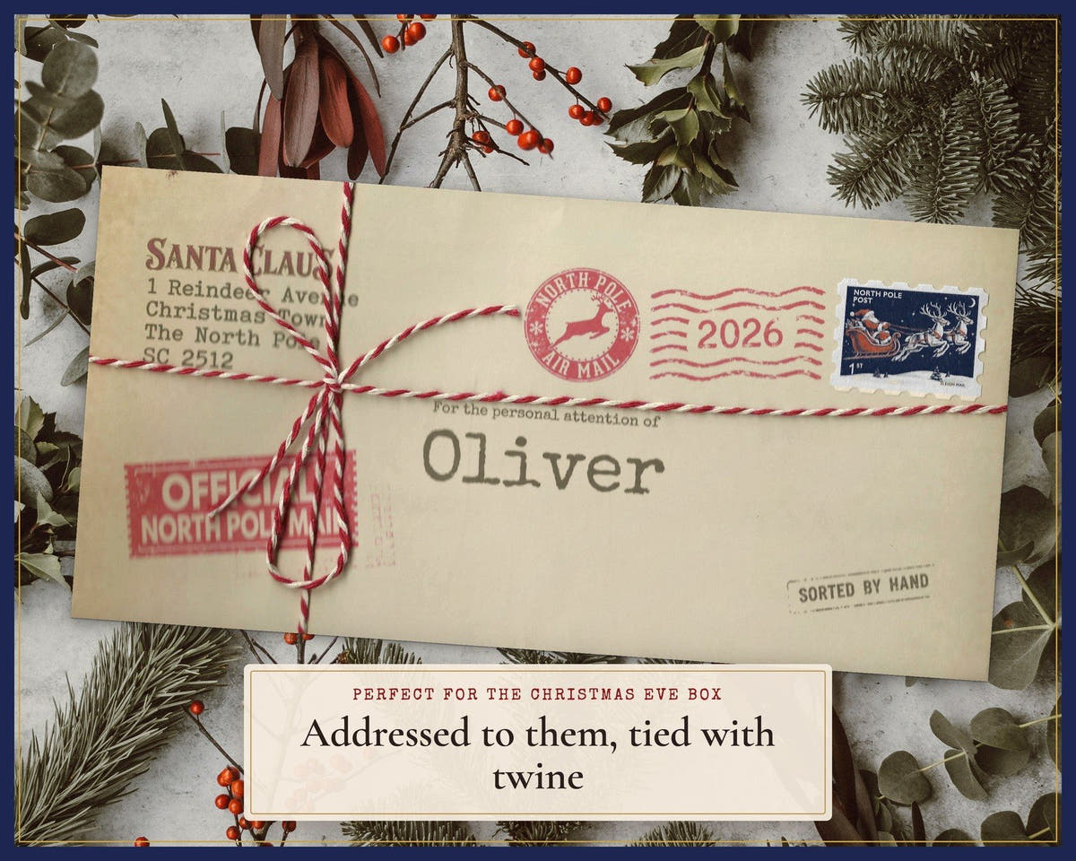 North Pole envelope addressed to Oliver, with a real stamp and twine