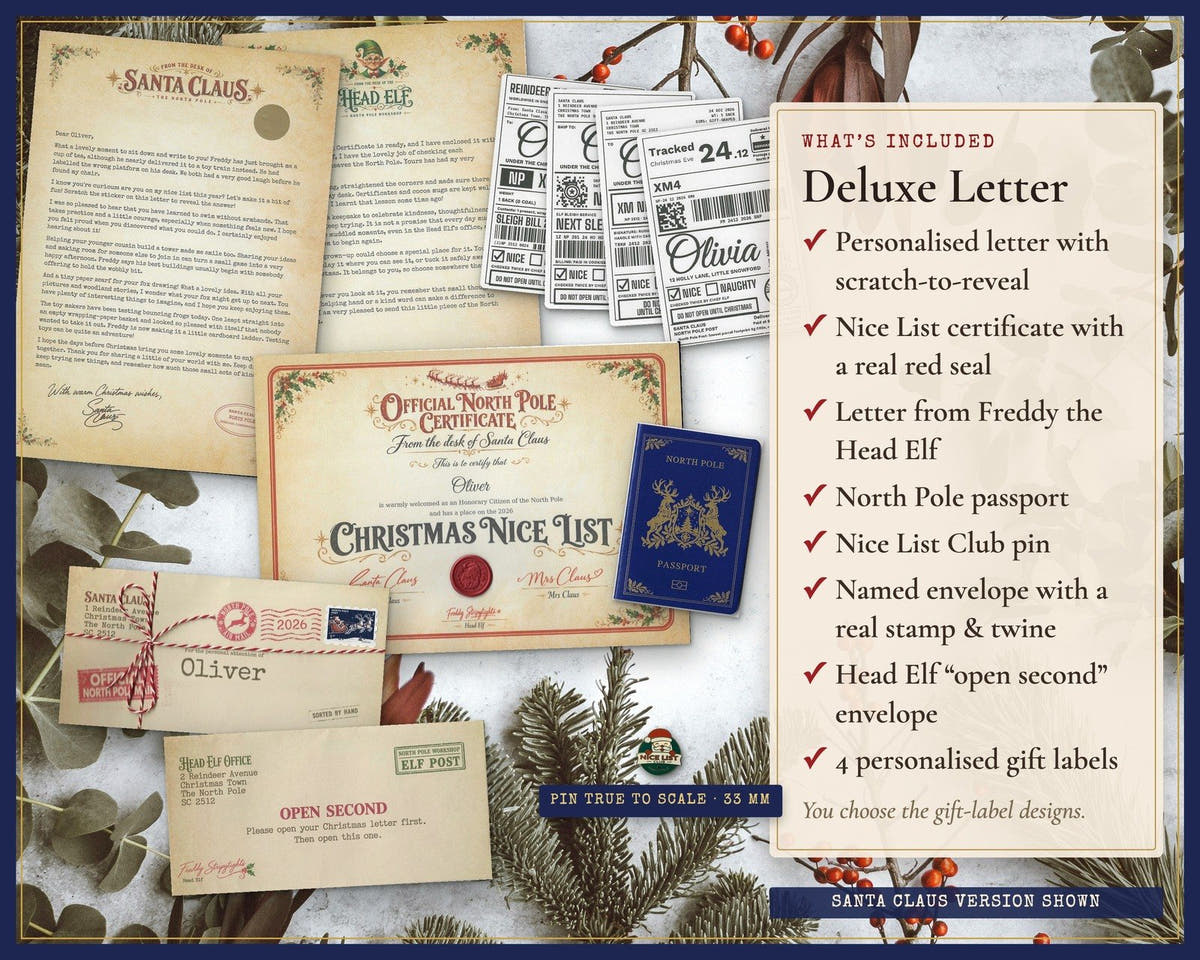 Deluxe Santa letter set with Head Elf letter, North Pole passport and Nice List pin by Claus Post; example shown