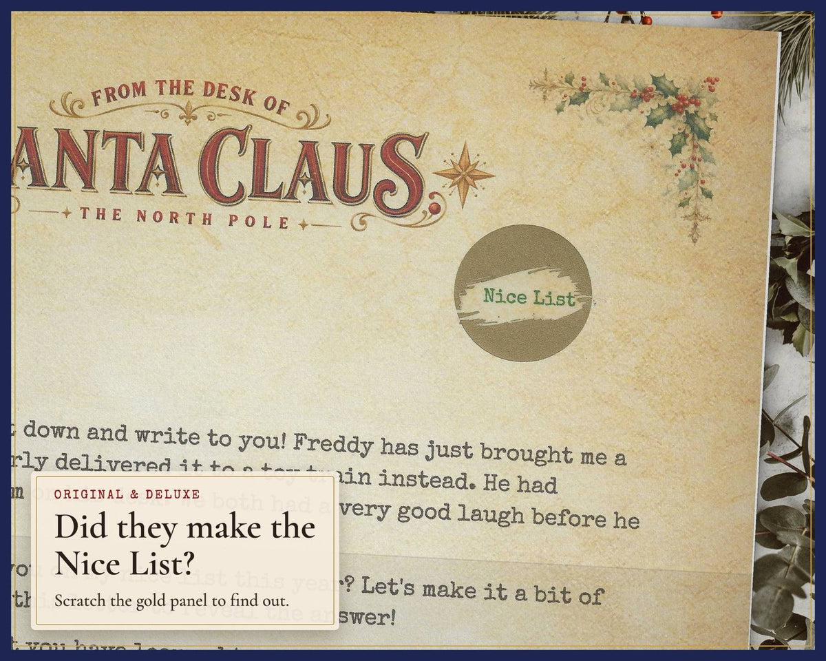 A letter from the desk of Santa Claus with a gold scratch panel marked Nice List, half scratched away.