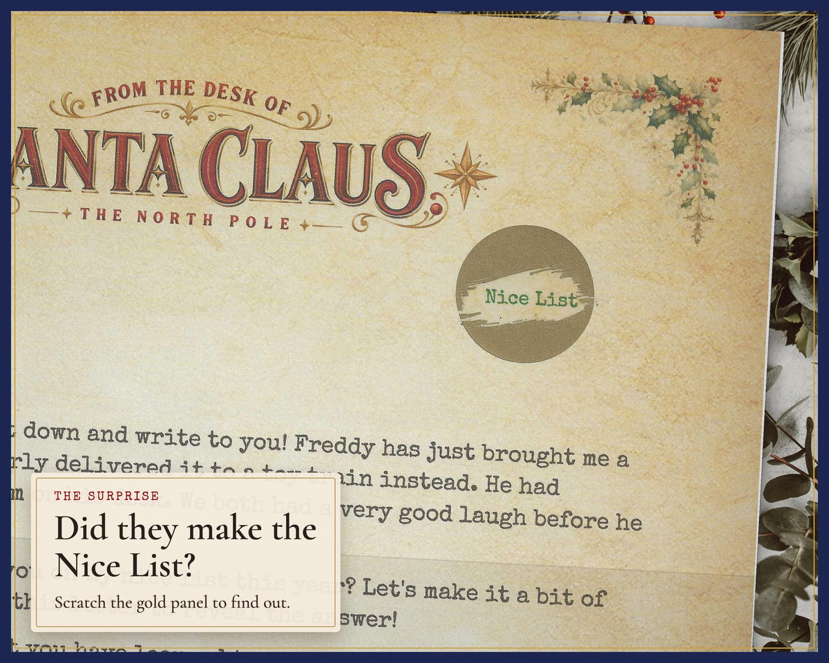 Scratch-to-reveal Nice List surprise on a Santa letter.
