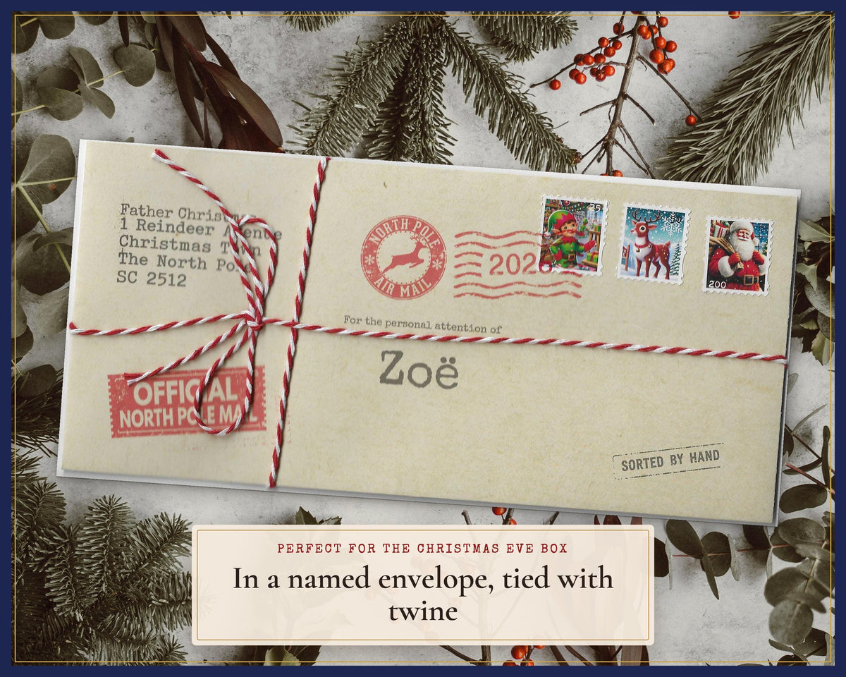 Example named Father Christmas envelope tied with red-and-white twine.