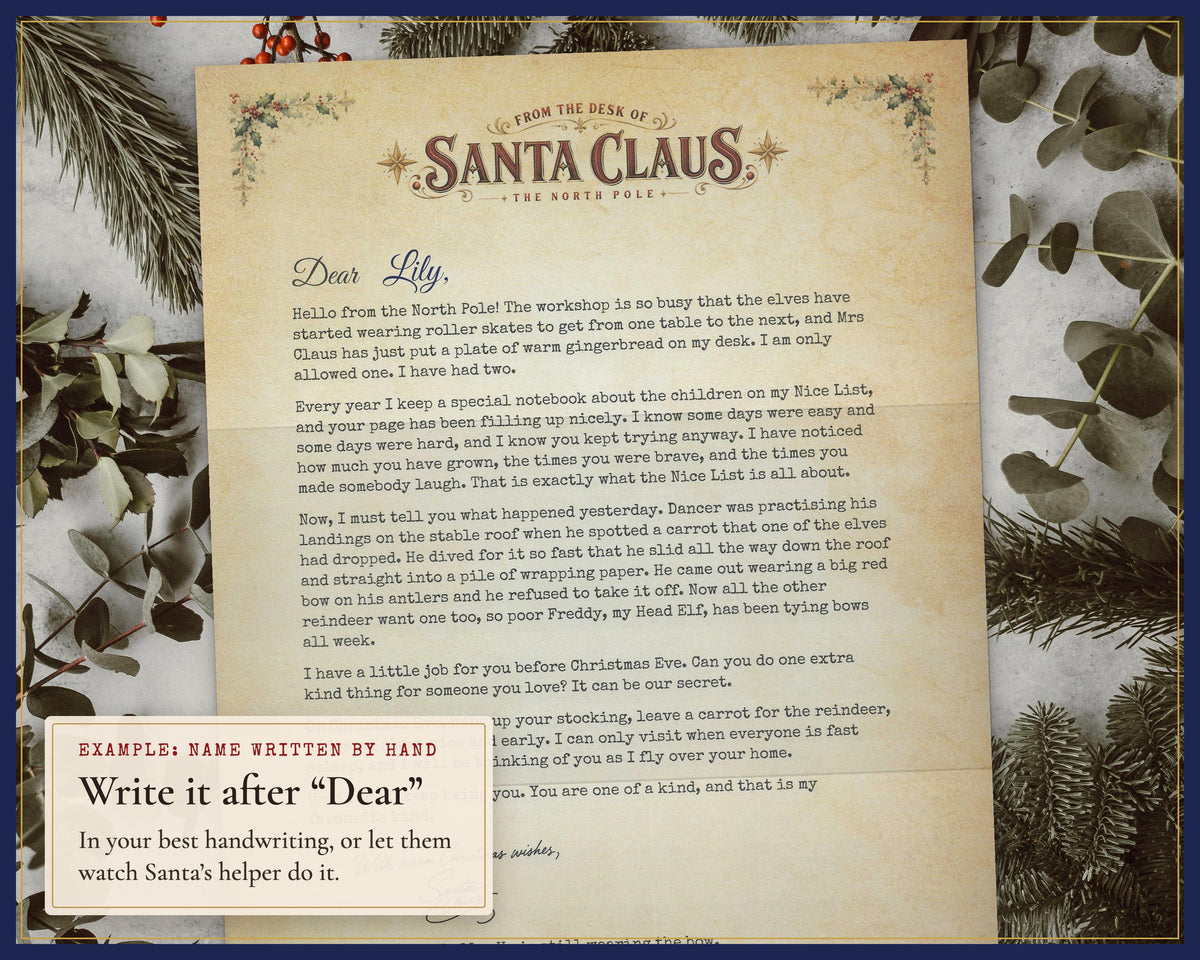 Example Santa letter with a child’s name added by hand.
