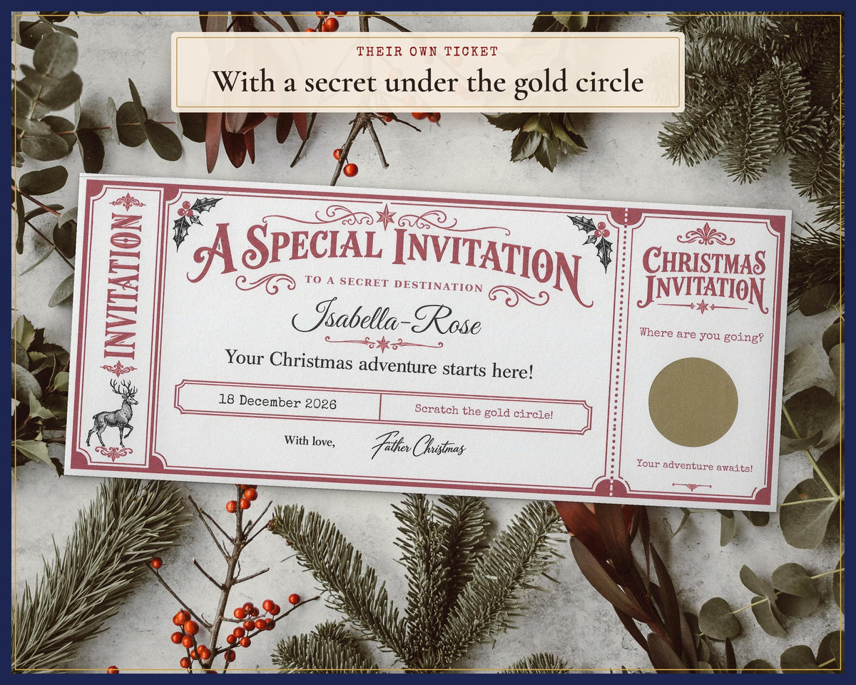 Personalised keepsake invitation ticket with a gold scratch circle.