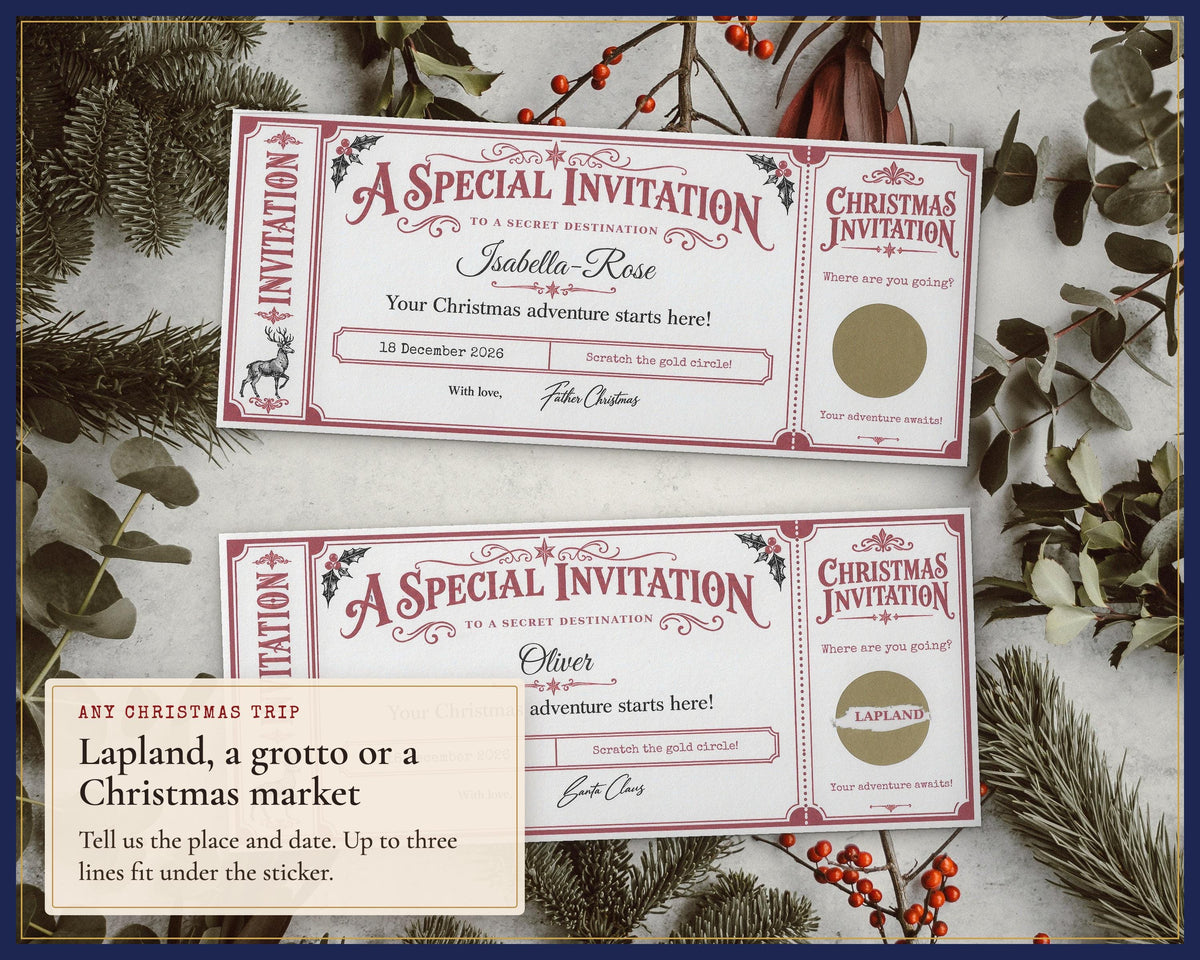 Two example Christmas invitation tickets for revealing a booked trip.
