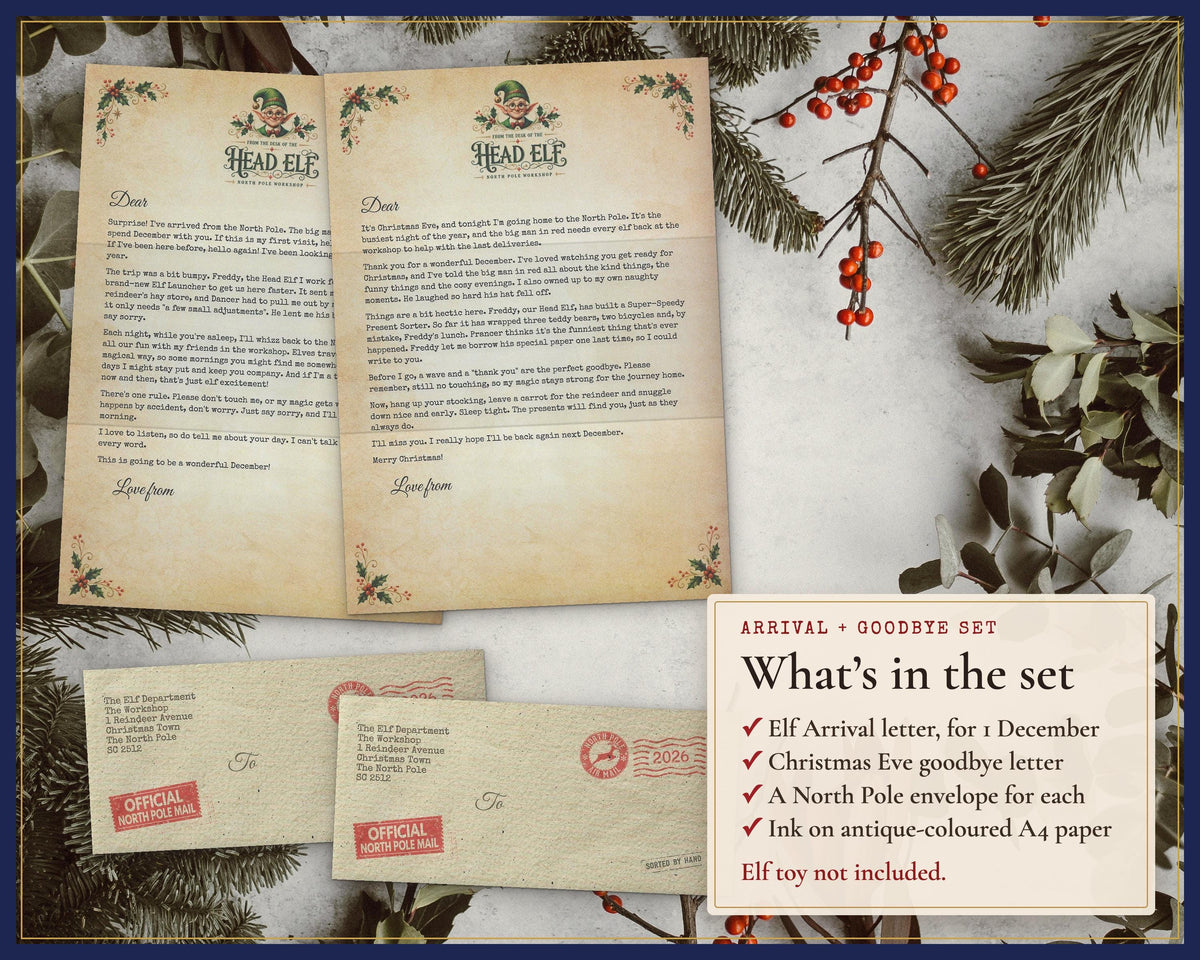 Arrival and goodbye set contents: two printed elf letters and matching envelopes.